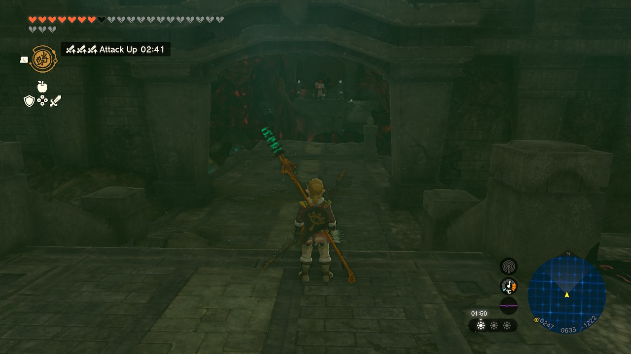 Link stares at a silver moblin on the far side of a hallway in Hyrule Castle during the Destroy Ganondorf quest in Zelda Tears of the Kingdom.
