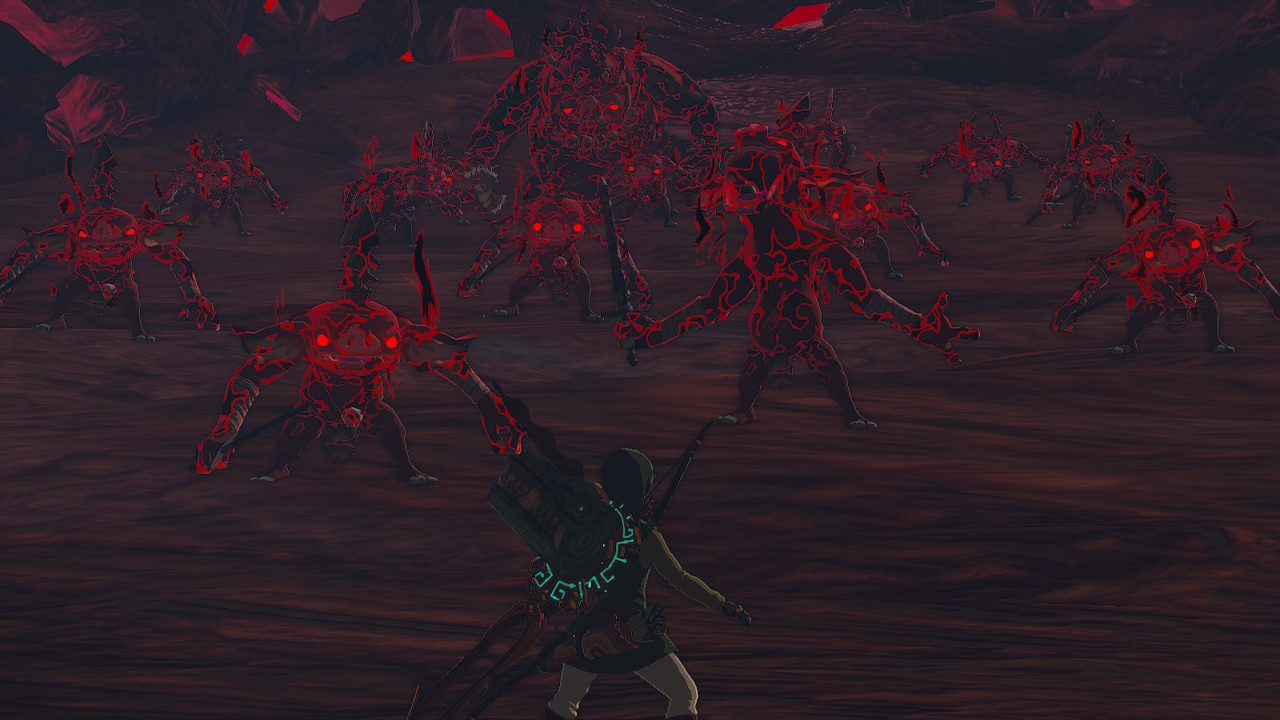 Link fights a small army of gloom infested bokoblin in Zelda Tears of the Kingdom.