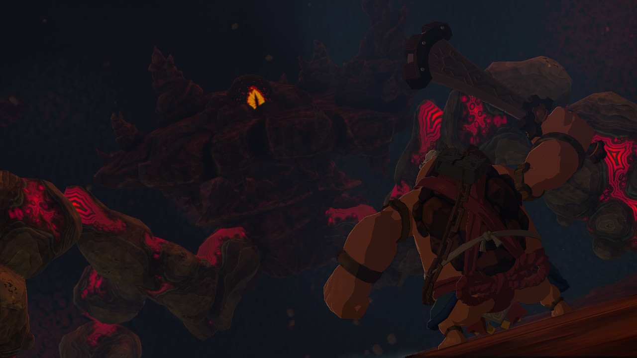 A Goron Sage fights a giant rock monster during the Destroy Ganondorf quest in Zelda Tears of the Kingdom.
