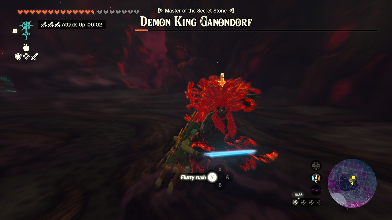 Link attacks Ganondorf with a Flurry Rush during the final boss fight of Zelda Tears of the Kingdom.
