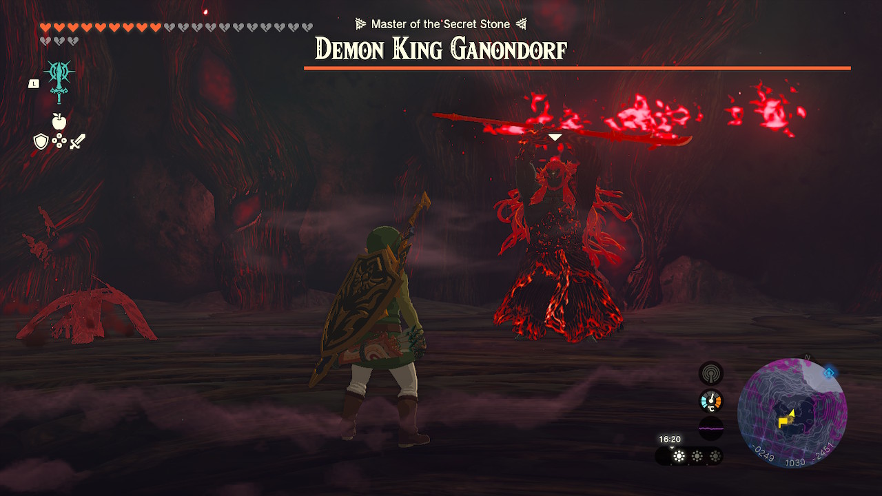 Ganondorf stands beneath a comically large health bar that extends off the screen in a boss fight of Zelda Tears of the Kingdom.