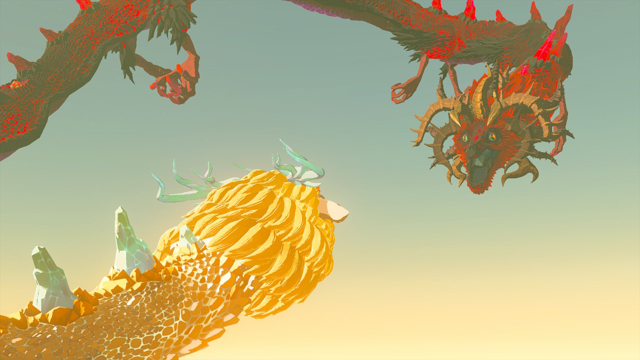The demon dragon screams at the light dragon in the final boss fight of Zelda Tears of the Kingdom.