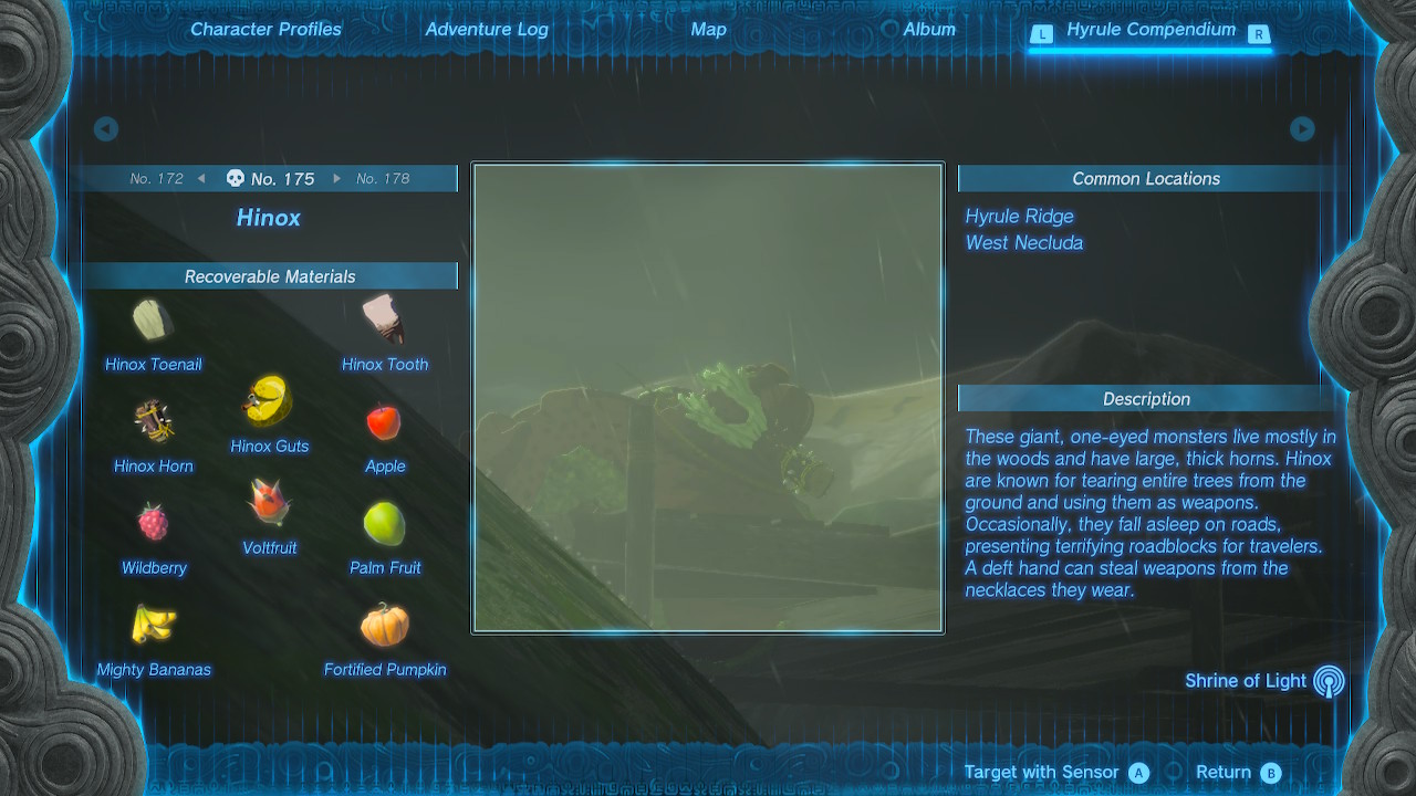 A compendium shows the details of the Hinox in Zelda Tears of the Kingdom.