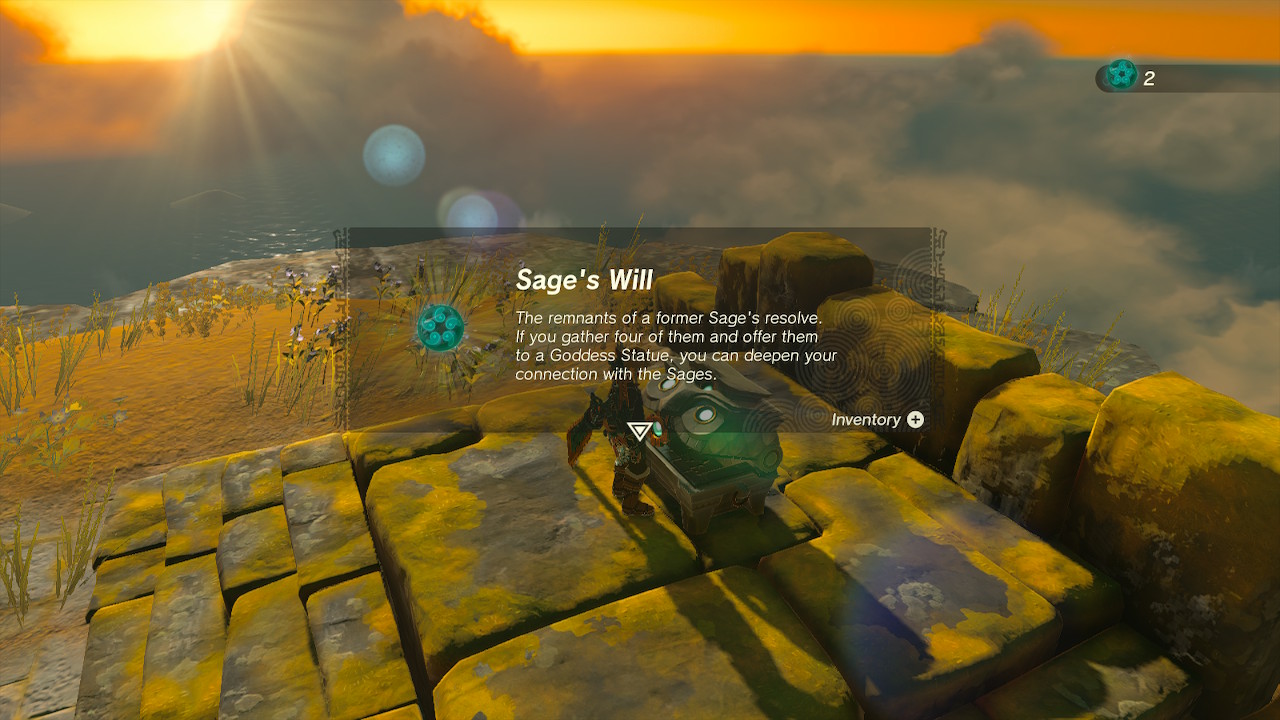 Finding a Sage’s Will with the text, “The remnants of a former Sage’s resolve. If you gather four of them and offer them to a Goddess Statue, you can deepen your connection with the Sages.”