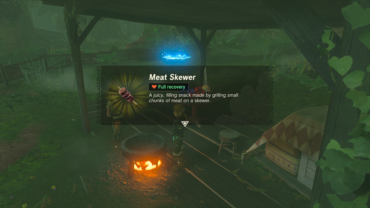 Cooking a Meat Skewer, with the text, “A juicy, filling snack made by grilling small chunks of meat on a skewer.”