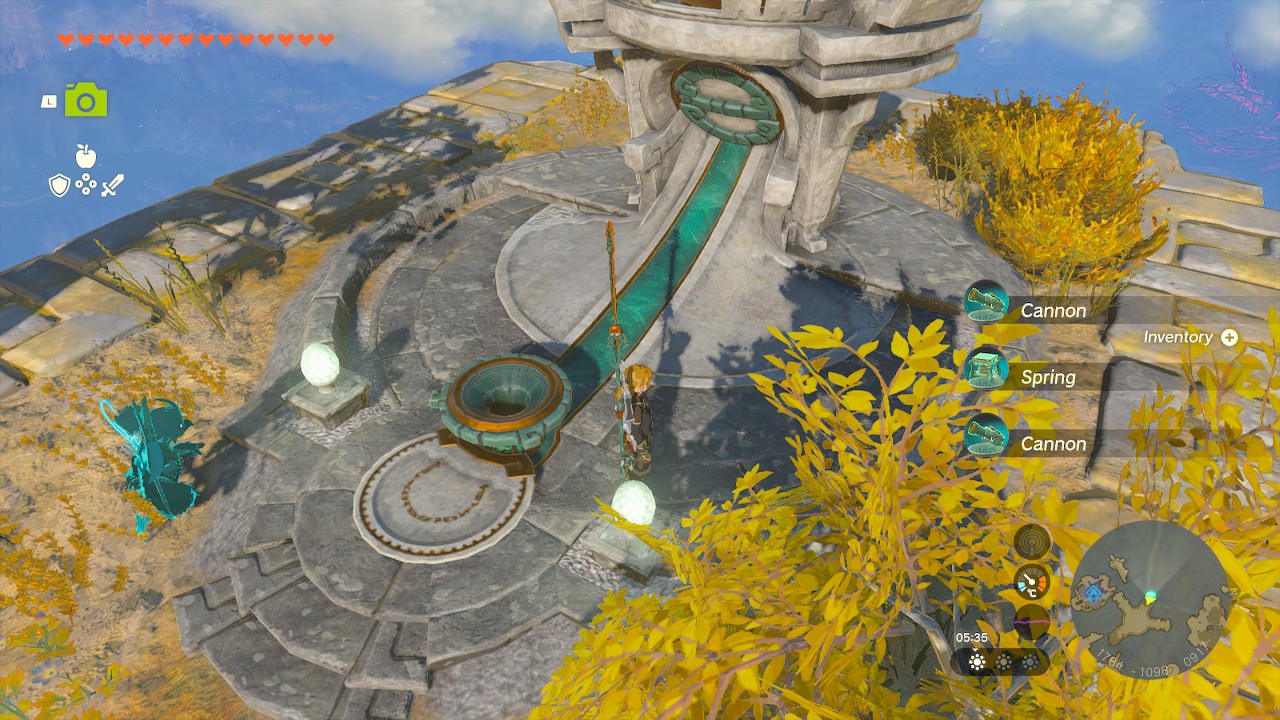 Link standing next to a Zonai Dispenser which rewards two Cannons and a Spring