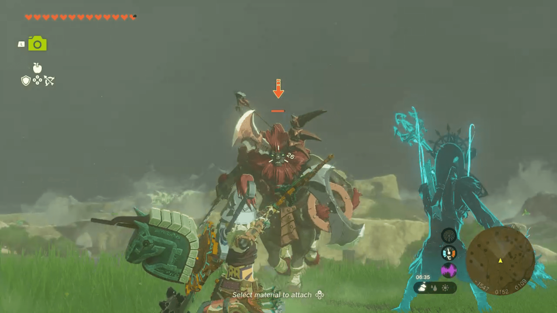 Link readies a headshot at a Lynel in a field in Zelda Tears of the Kingdom.