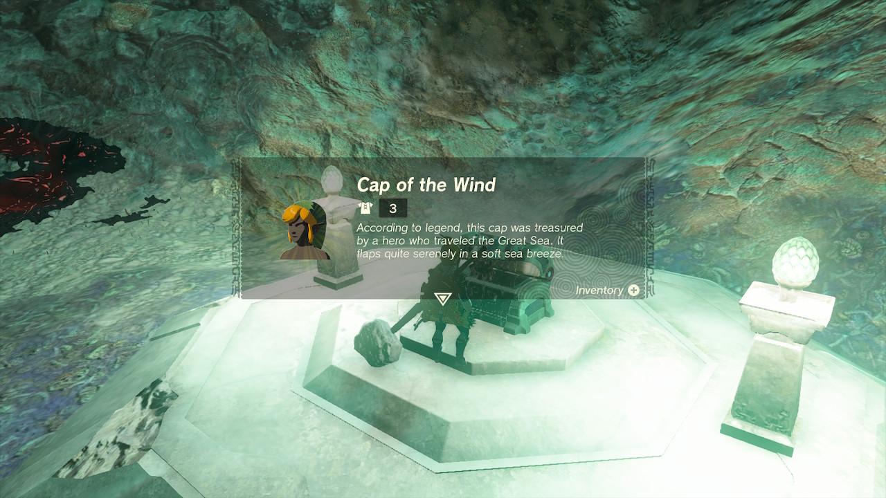Link opens a chest containing the head piece for the Wind Armor in Zelda Tears of the Kingdom.