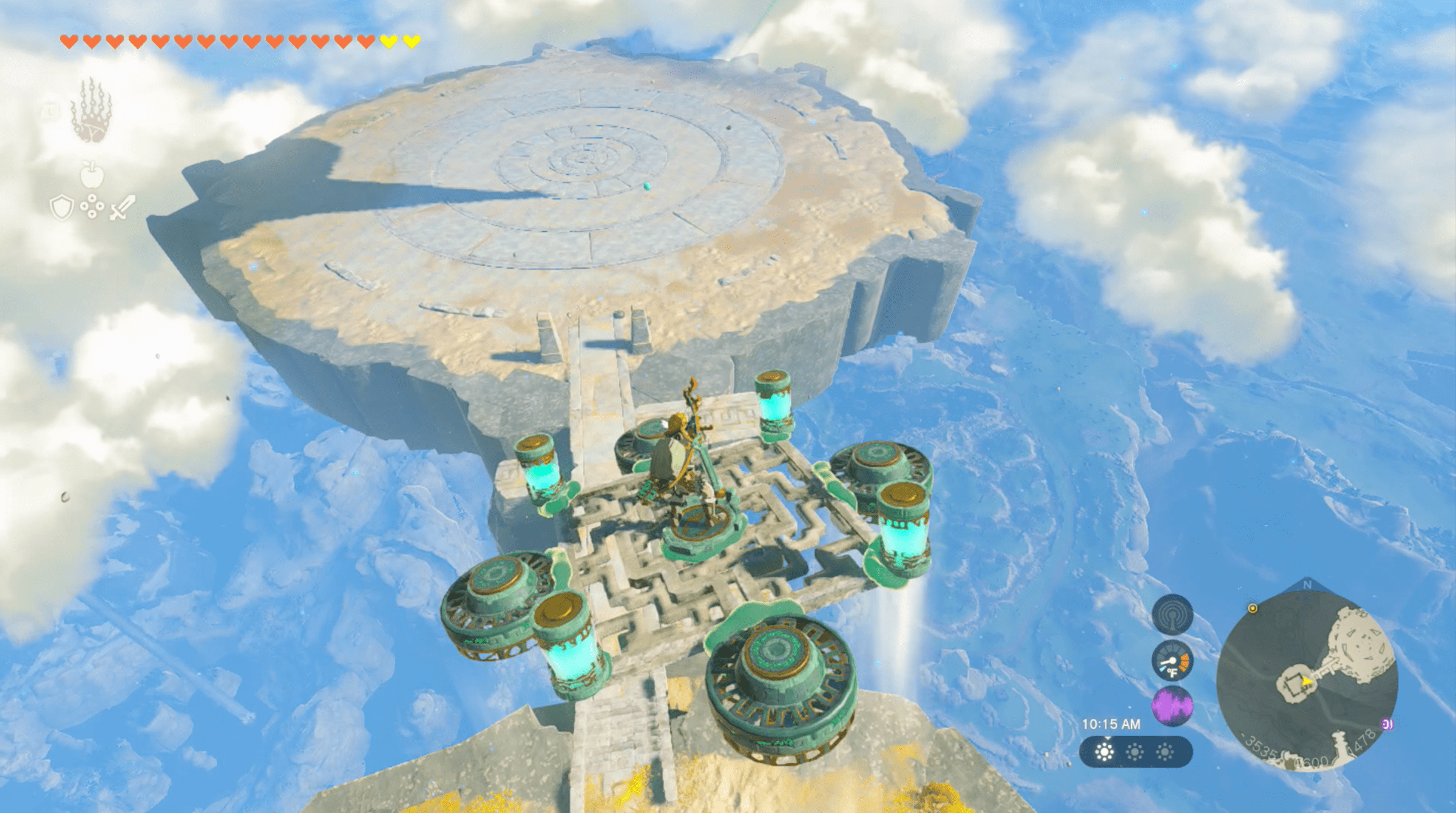 Link pilots a hovercraft in The Legend of Zelda: Tears of the Kingdom. The base is a square metal slab. There are batteries in each corner and fans on each side of the square. He’s flying to another part of the island.