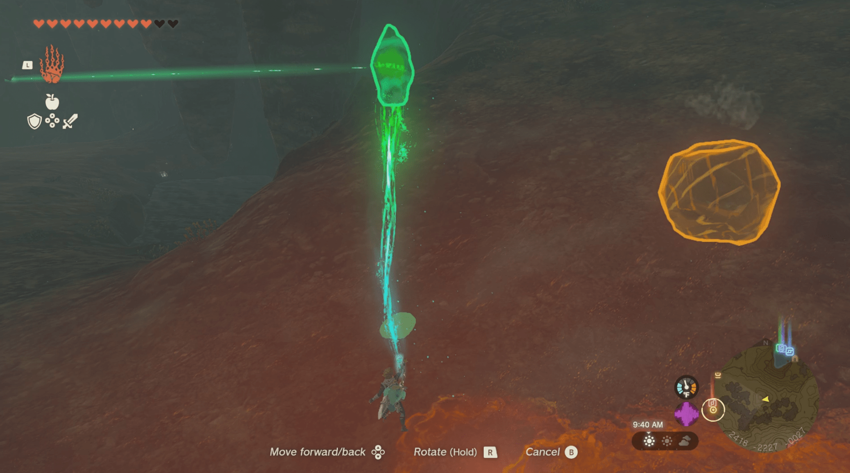 Link using Ultrahand to life a crystal and walk around with it in The Legend of Zelda: Tears of the Kingdom.