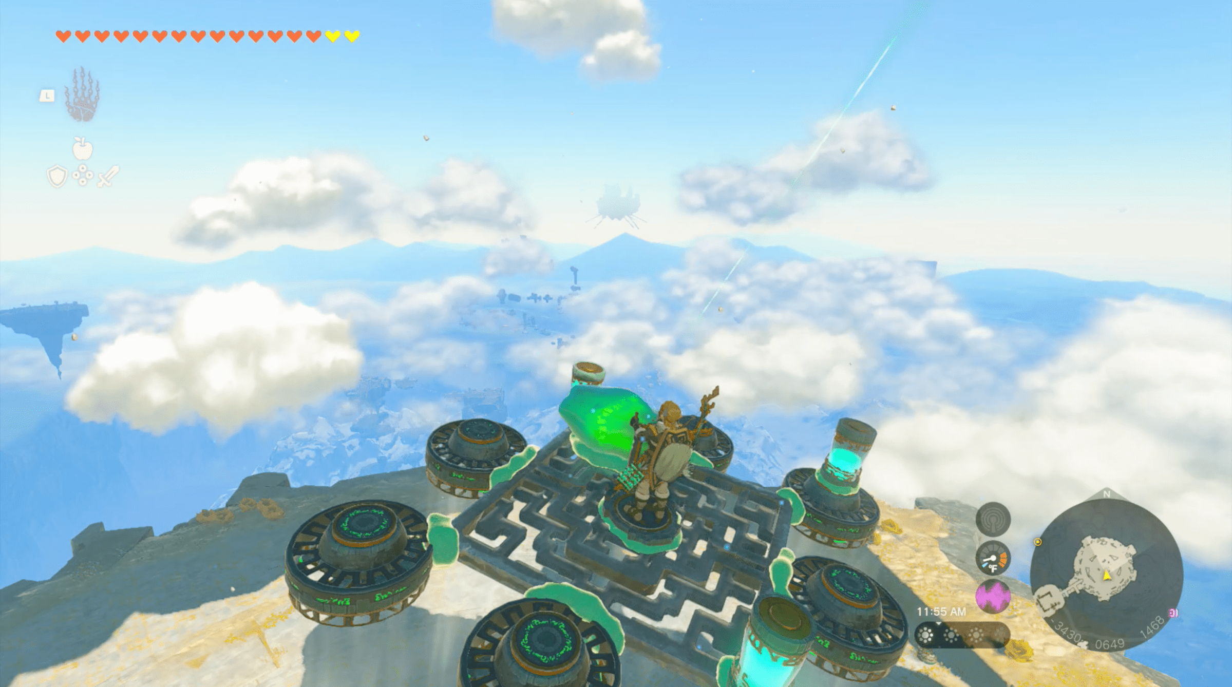 Link pilots a modified hovercraft in The Legend of Zelda: Tears of the Kingdom. It is designed to carry a glowing green rock back to the shrine entrance. There are six fans and three batteries on it, and it’s flying upwards.