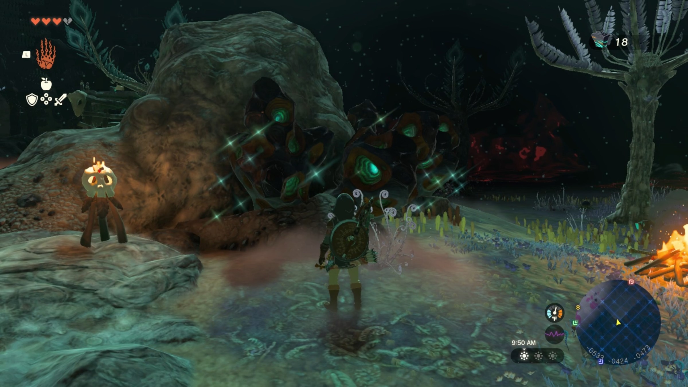 Link looks at several zonaite deposits in the Depths in The Legend of Zelda: Tears of the Kingdom