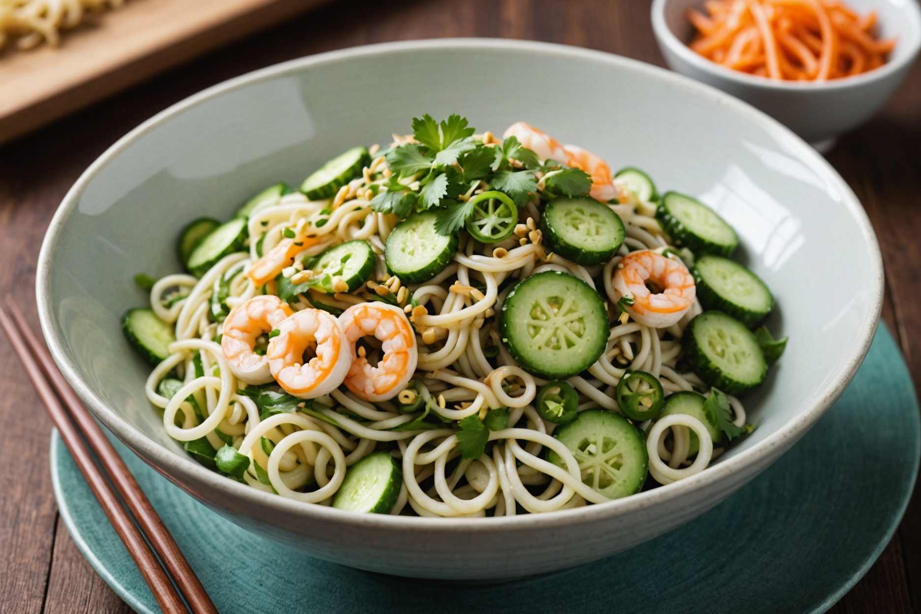 A refreshing Thai cucumber salad paired with delicious udon noodles.