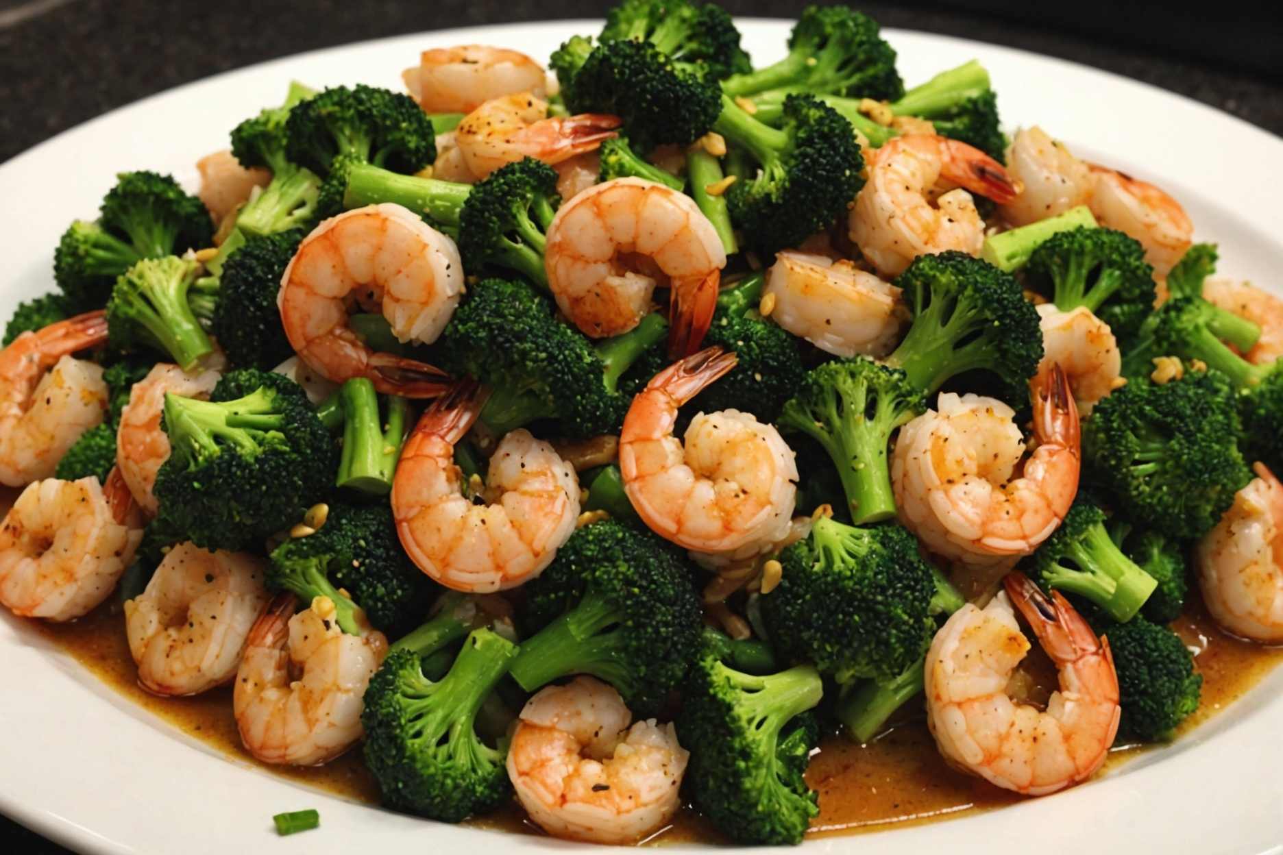 Succulent shrimp and tender broccoli bathed in savory garlic sauce.