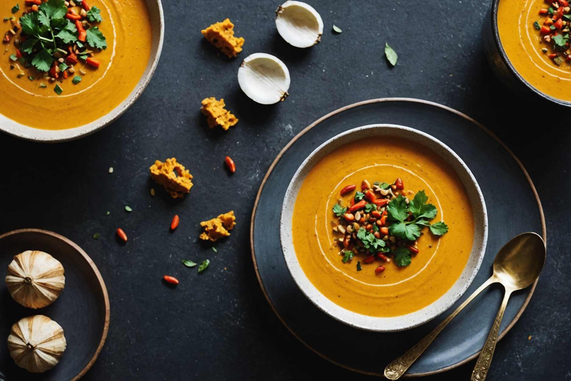 Deliciously spiced pumpkin soup with creamy coconut.