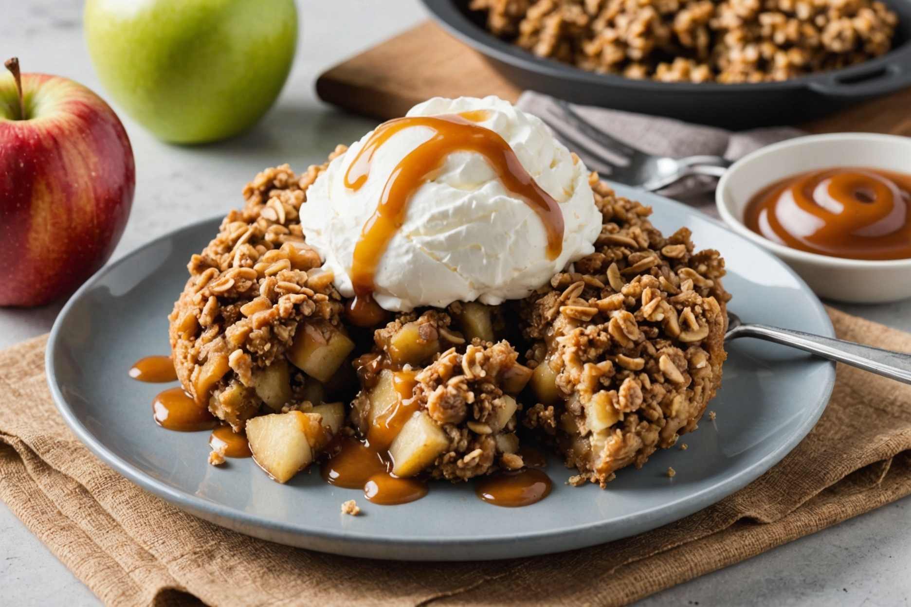 Indulge in a warm, delectable apple crisp topped with crunchy oatmeal streusel.