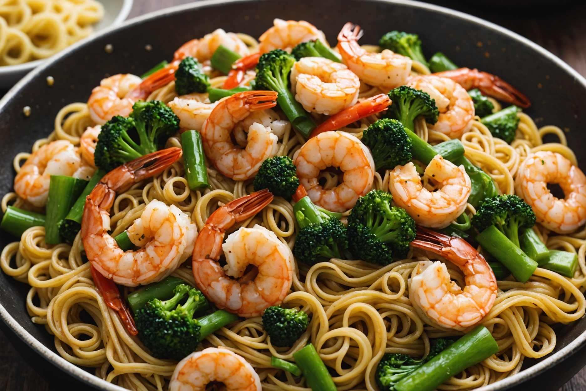 Delicious shrimp stir fry served over savory egg noodles.