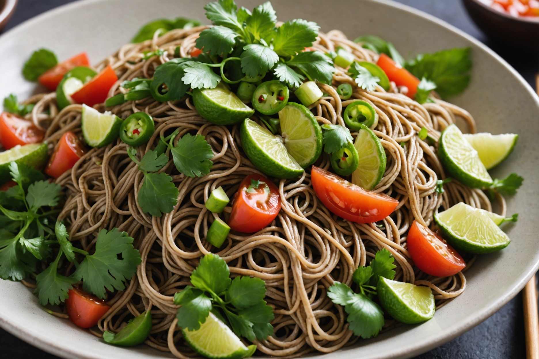 A vibrant, refreshing dish featuring buckwheat noodles.