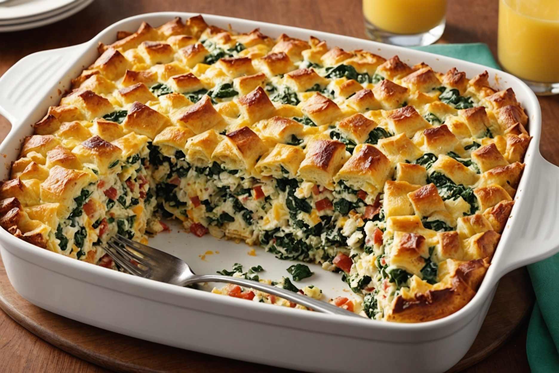 Indulge in a delightful Bacon, Cheddar, and Spinach Strata.