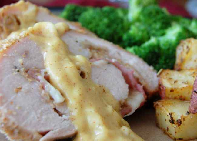 Deliciously layered chicken with ham and cheese.