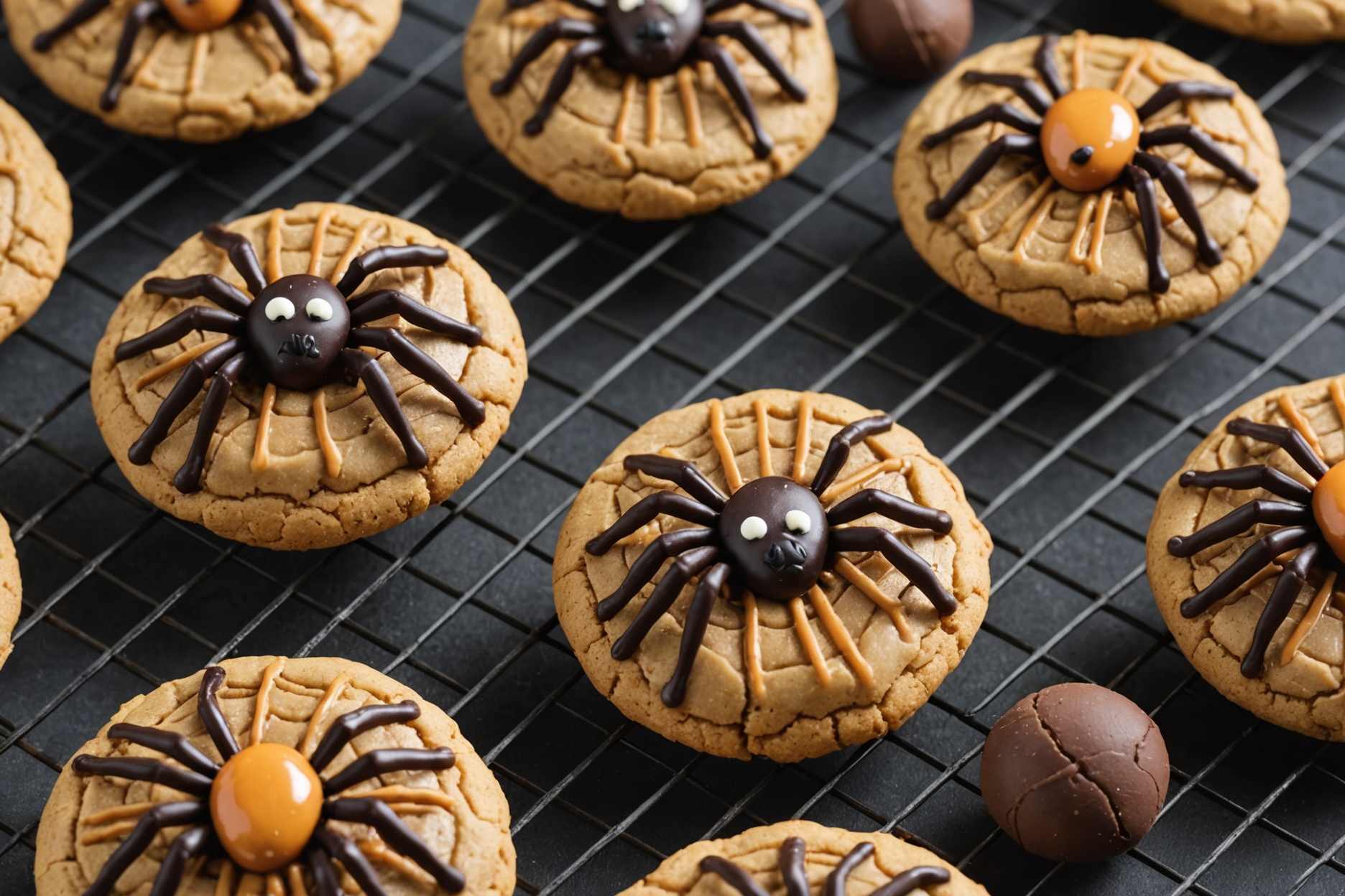 Delicious peanut butter cookies adorned with chocolate spider toppings.