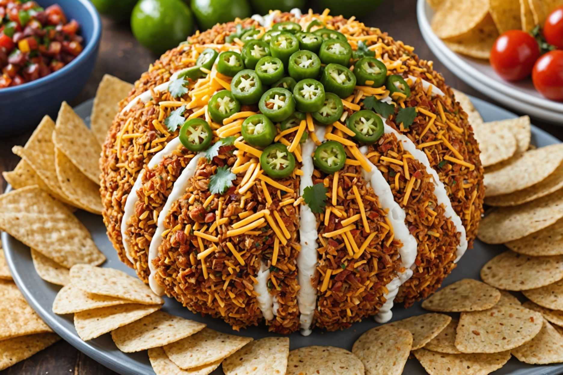 A festive cheese ball bursting with spicy taco flavors.