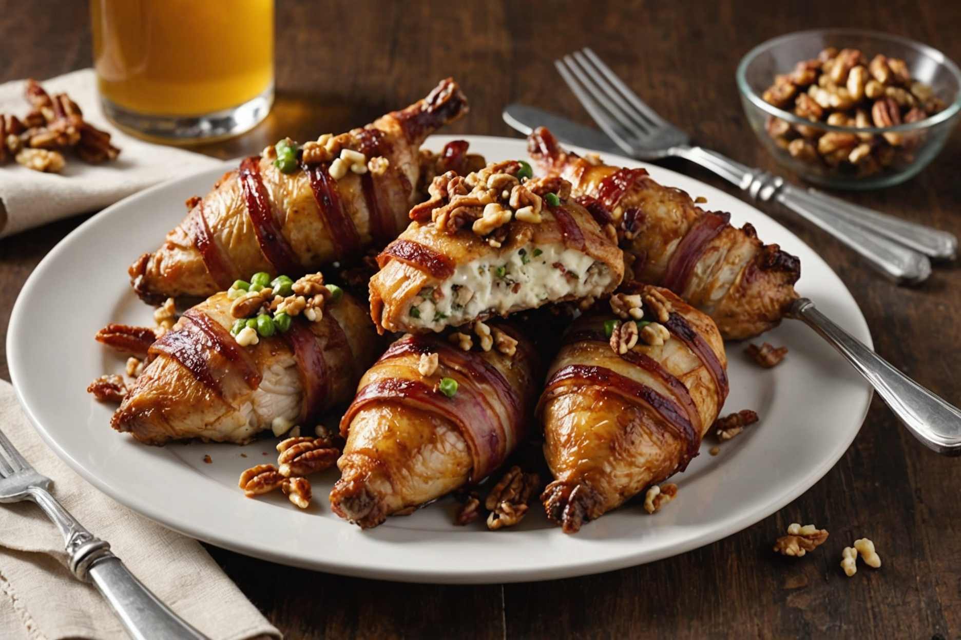 Indulge in savory chicken, walnut, and cheese, all wrapped in crispy bacon.