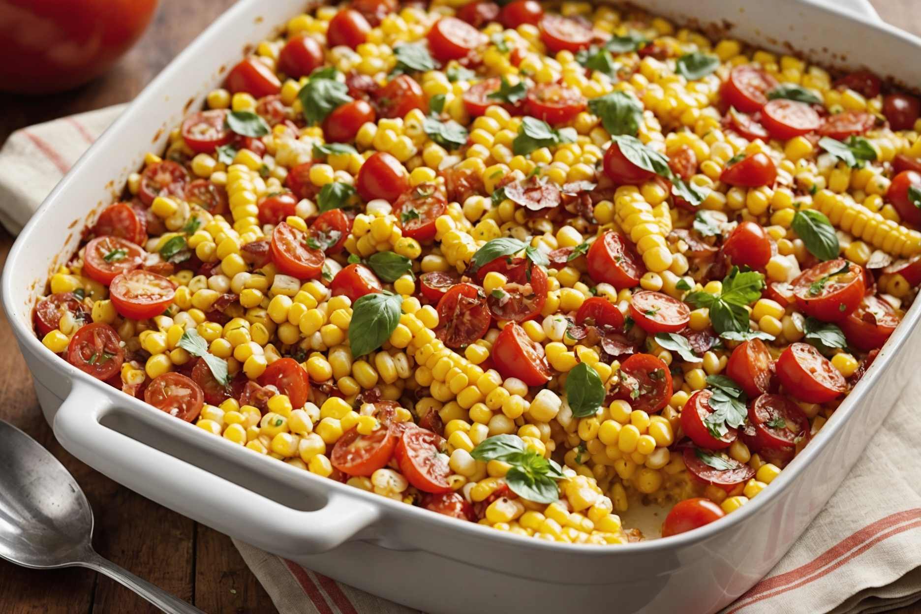 Indulge in a delightful casserole of fresh corn and juicy tomatoes.