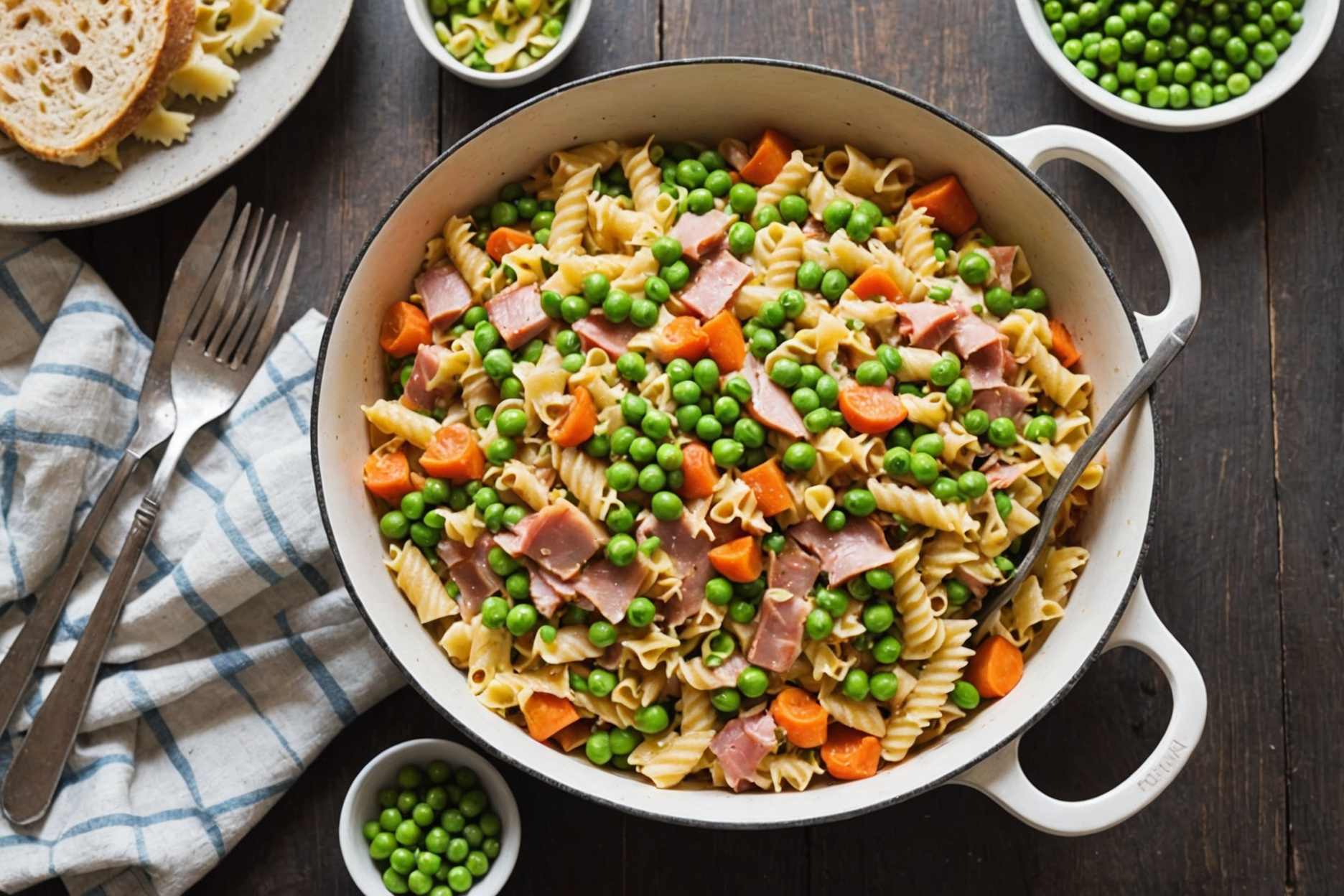 Delicious and easy ham and veggie pasta cooked in one pot.