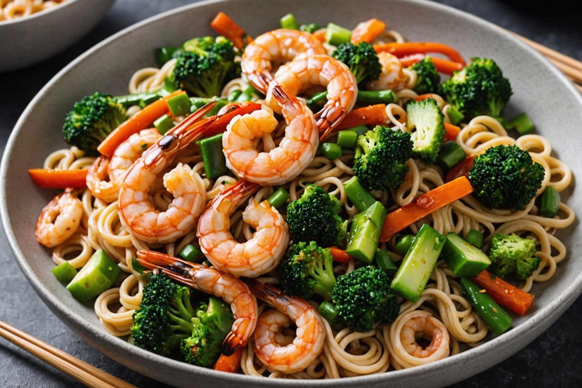 Delicious prawns paired with vibrant vegetables atop crispy pan-fried udon.