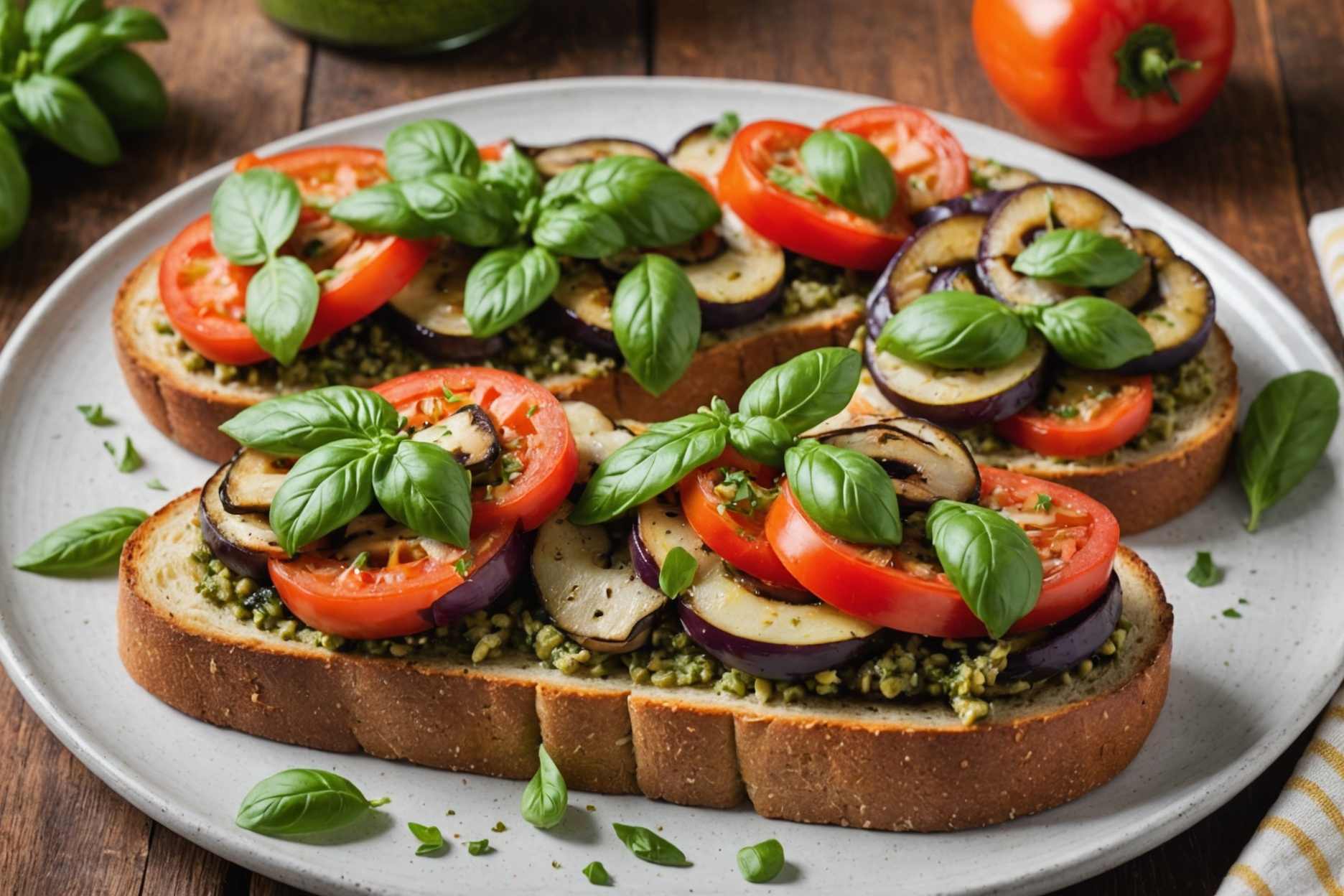 Savor the flavors of a delightful vegetarian open-faced sandwich.