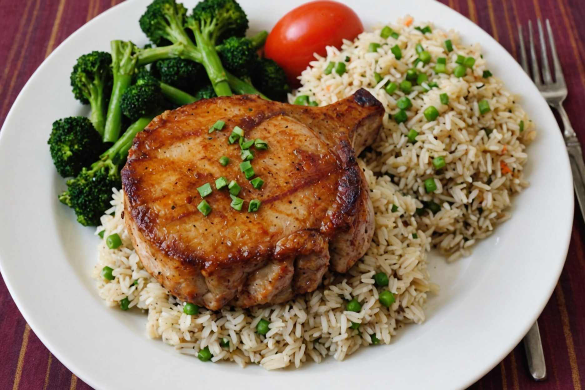 Delicious pork chops served with colorful garden rice.