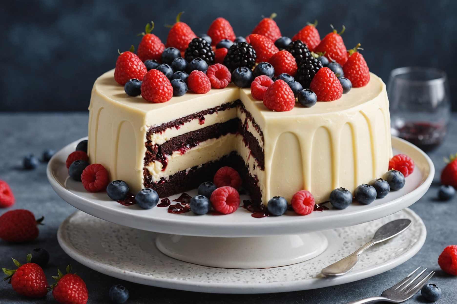 Indulge in creamy white chocolate ganache paired with frosty berries.