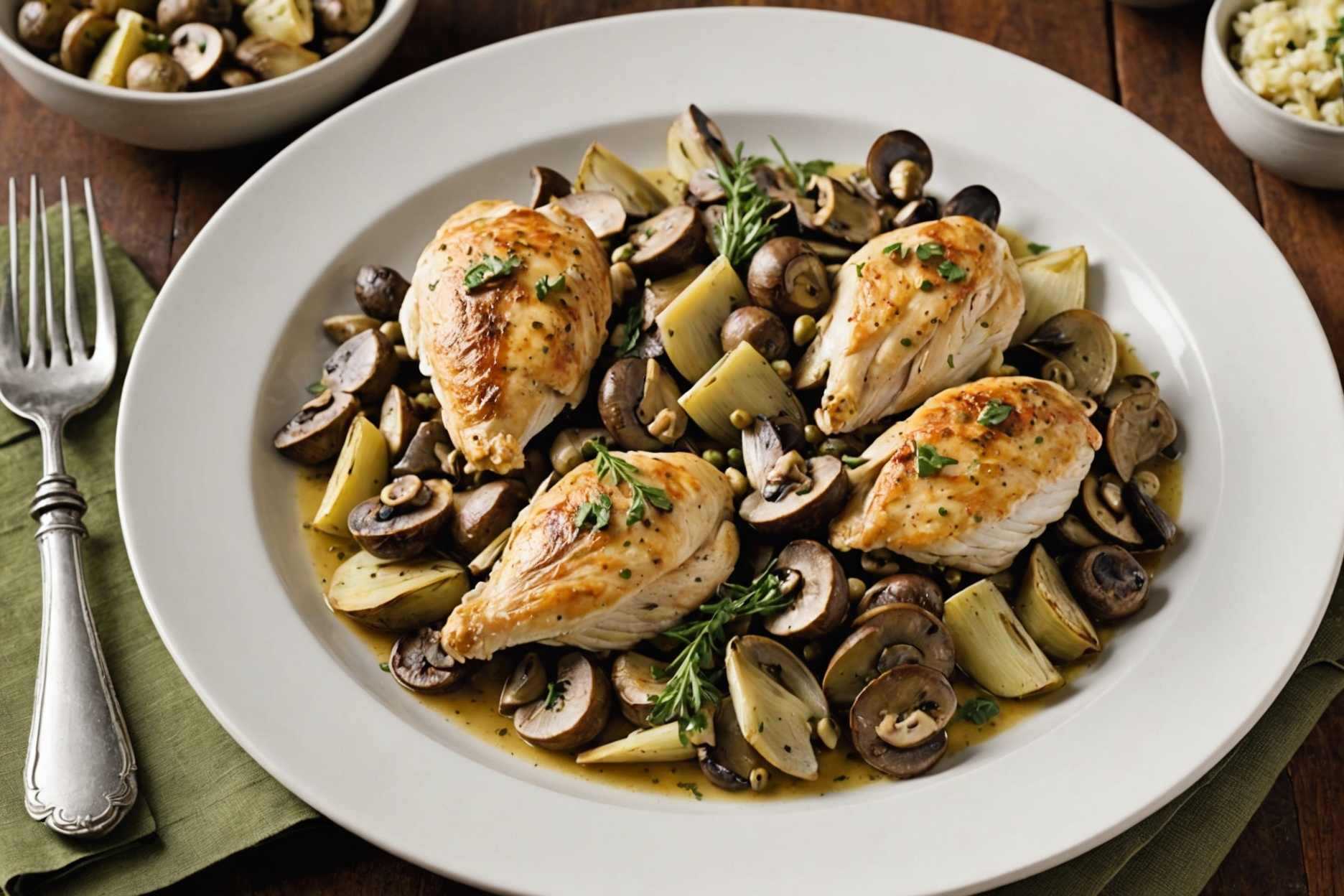 Delightful chicken adorned with artichokes and mushrooms.