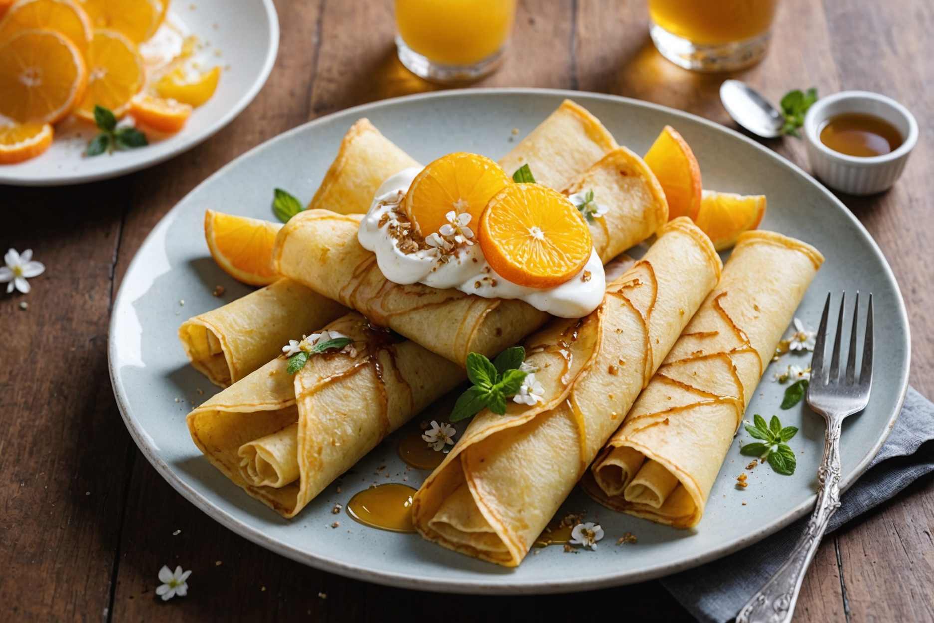 Experience exquisite gluten-free butter crepes, drizzled with aromatic orange blossom honey butter.