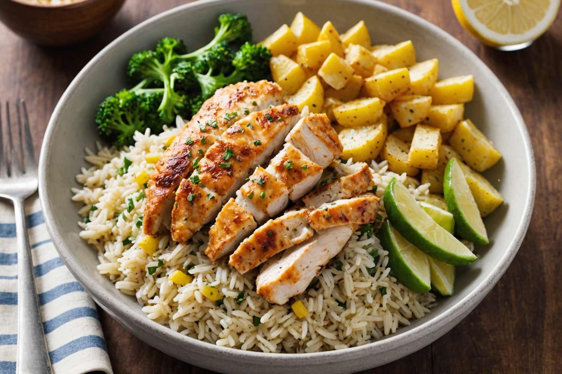 Delicious bowl of chicken, rice, and zesty lemon!