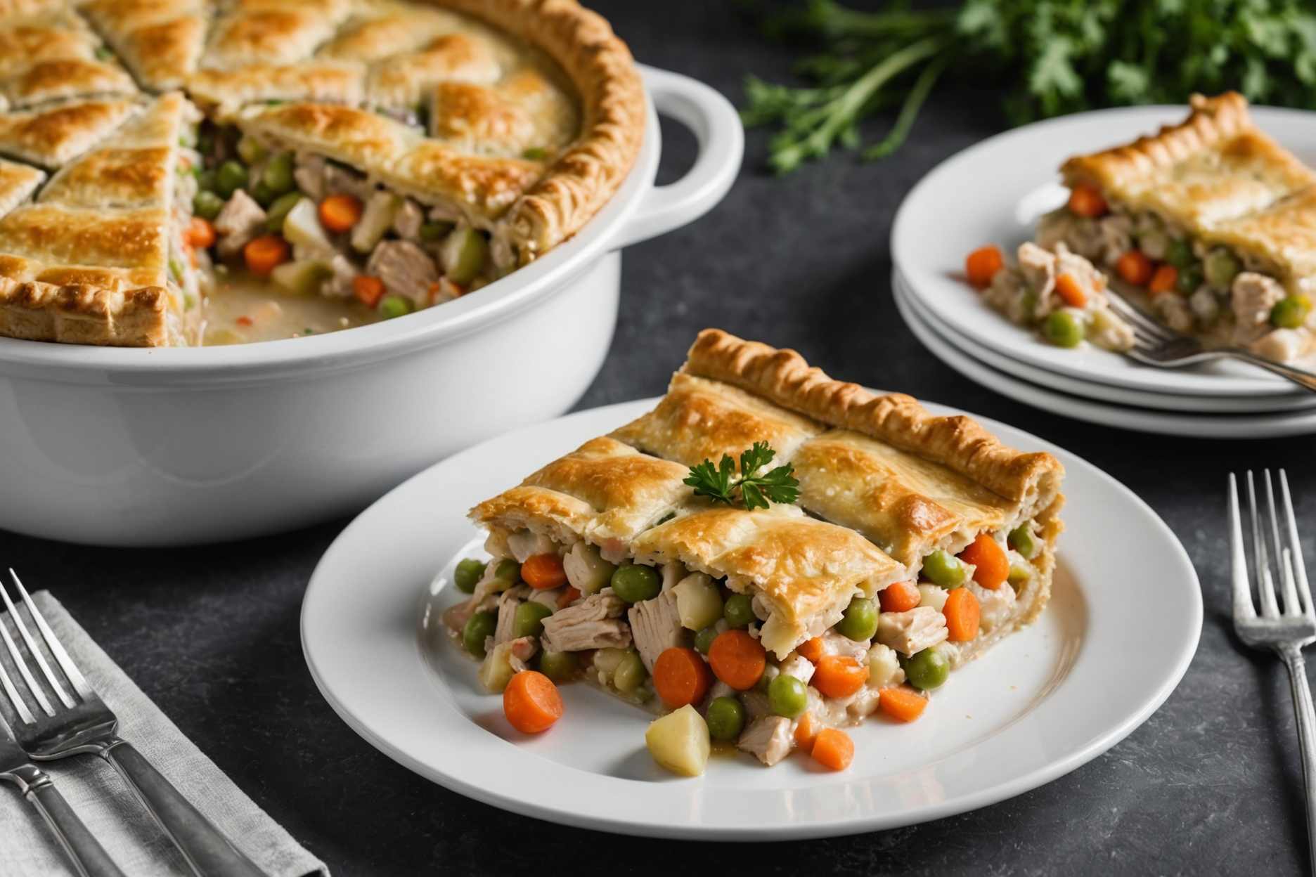 A delightful, savory dish combining tender chicken and veggies in a rich sauce, enclosed in a flaky crust.