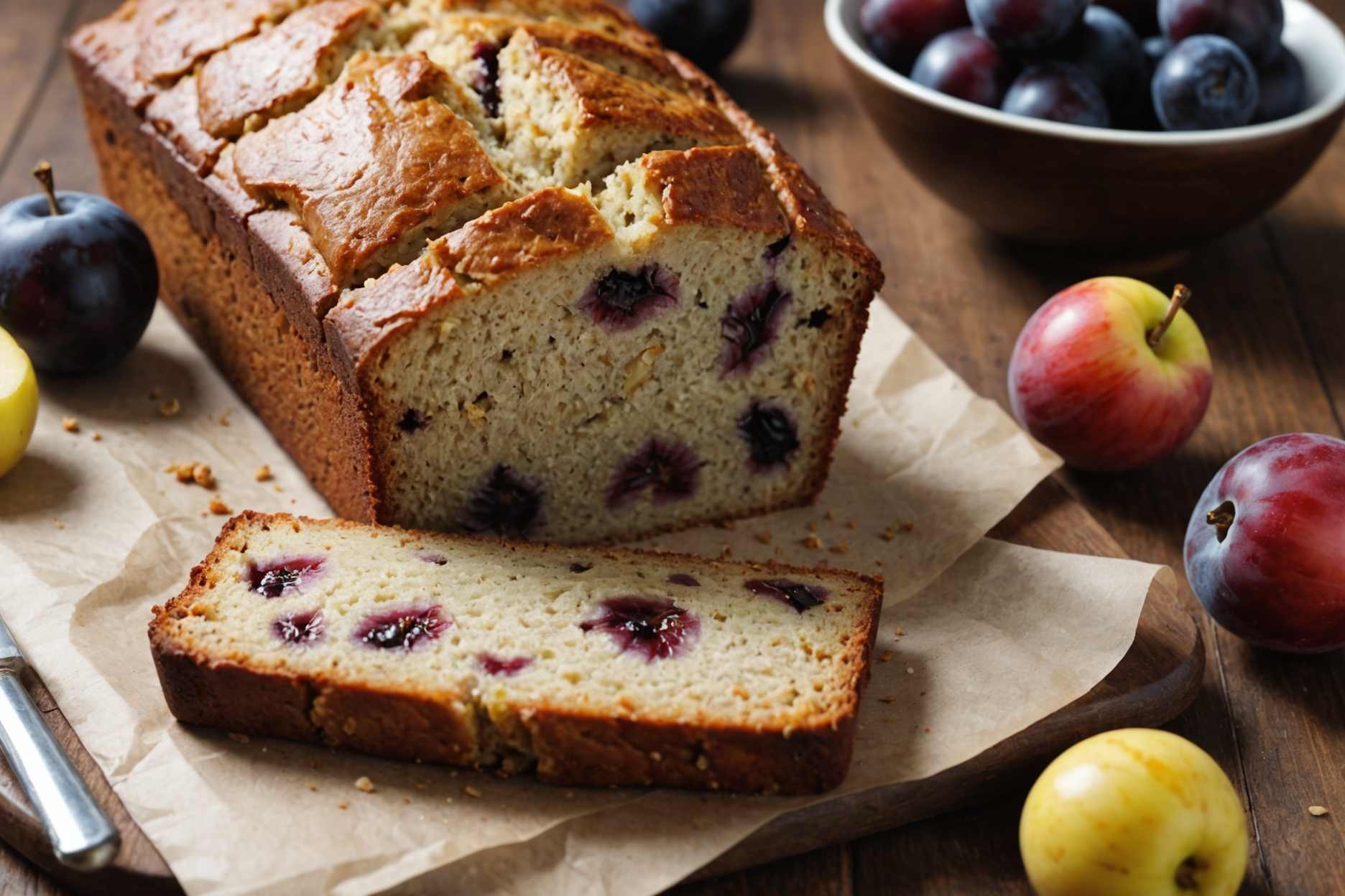 Deliciously moist bread featuring bananas and plums.