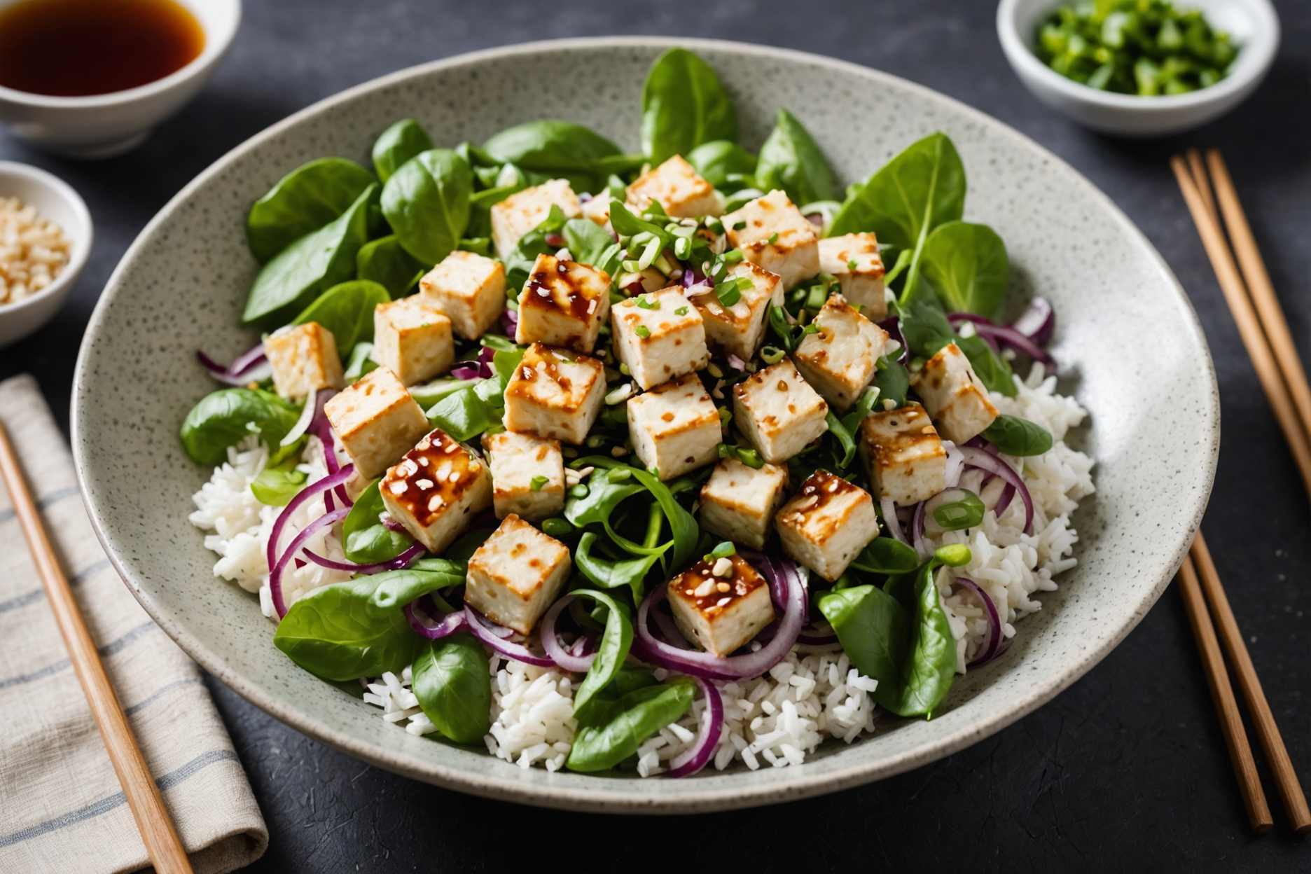 A refreshing mix of tofu and vibrant vegetables.