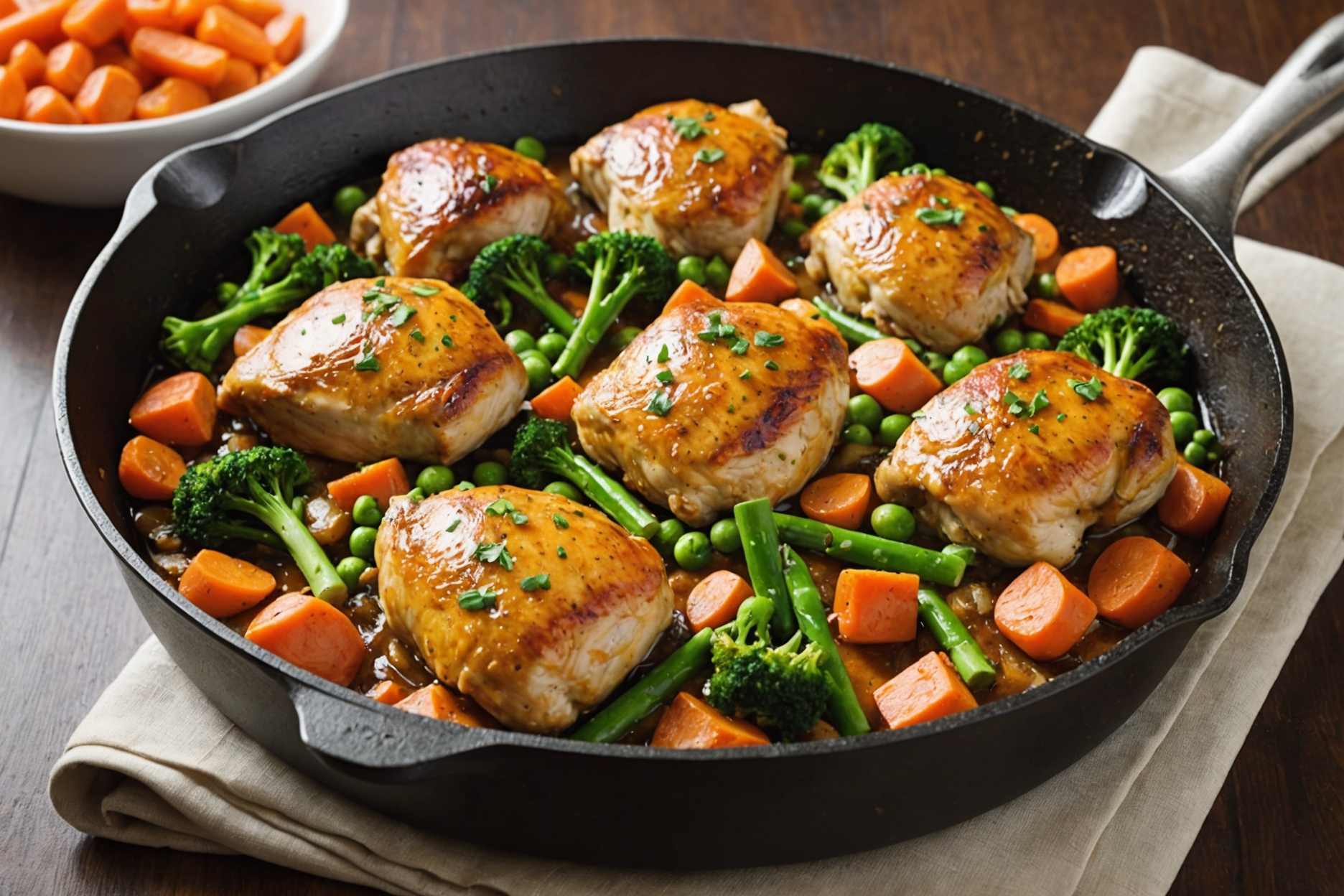 Delight in quick, flavorful one-skillet chicken thighs paired with carrots.