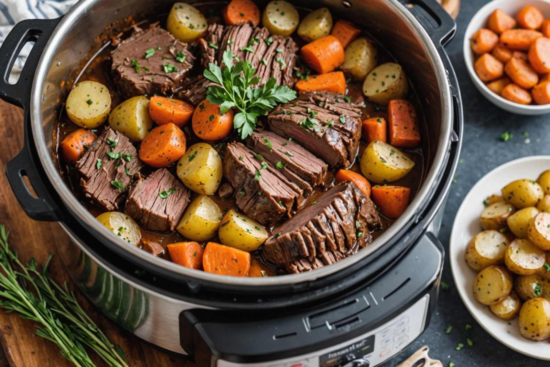 Delicious pot roast with tender potatoes and carrots.