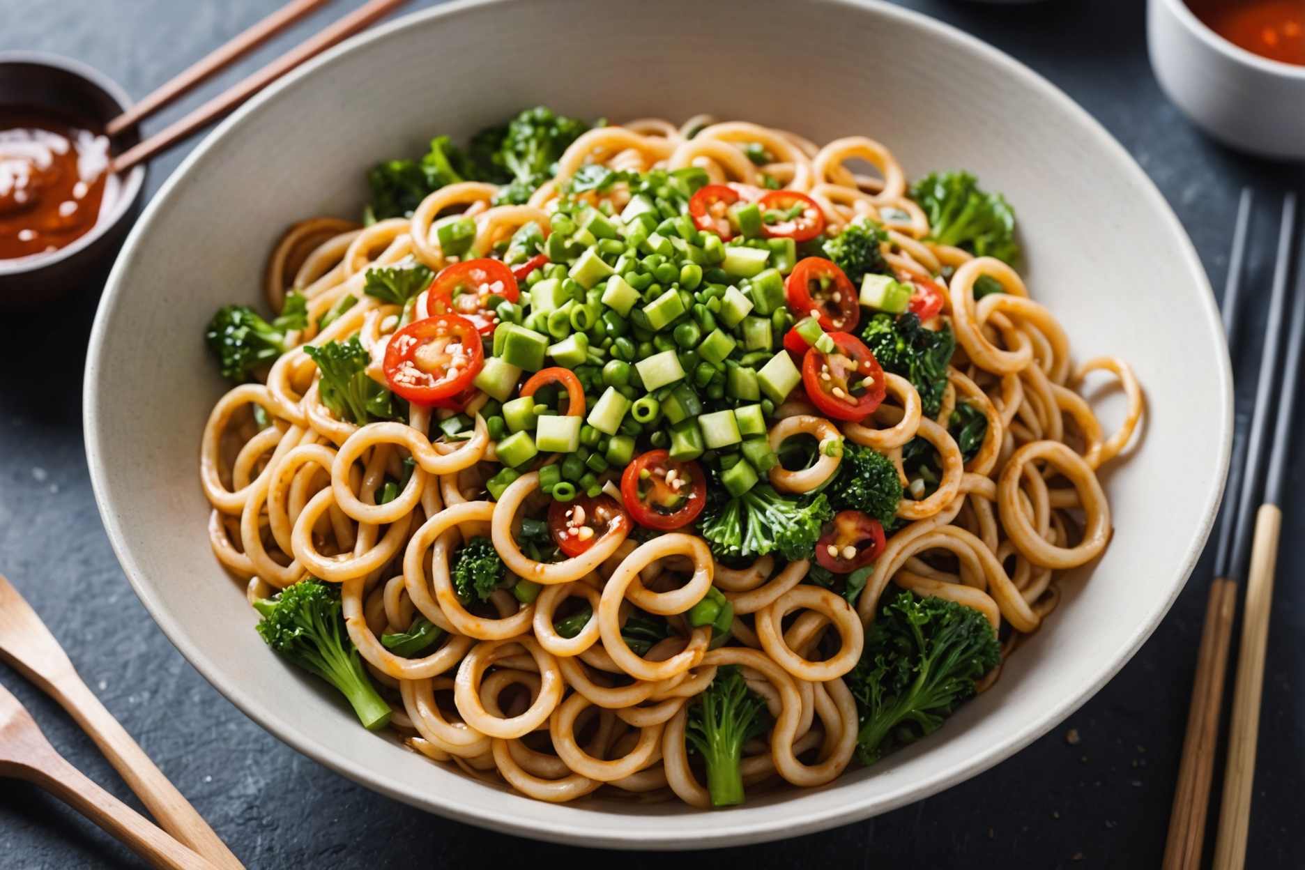 A refreshing and zesty udon salad with a spicy kick.