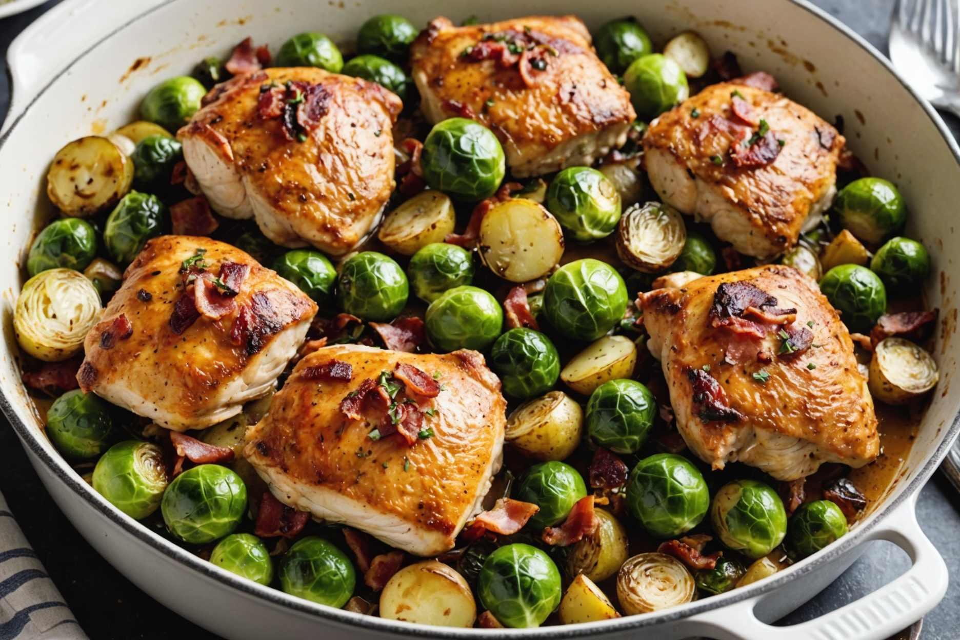 Succulent chicken thighs paired with crispy bacon, roasted Brussels sprouts, and tender potatoes.