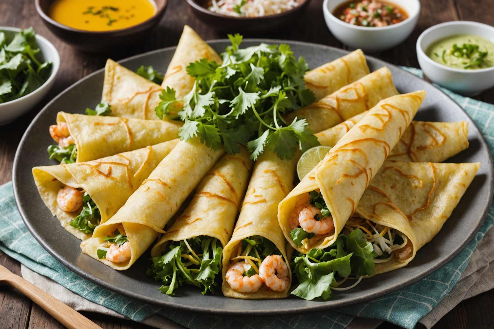 Indulge in these crispy Vietnamese crepes filled with savory ingredients.