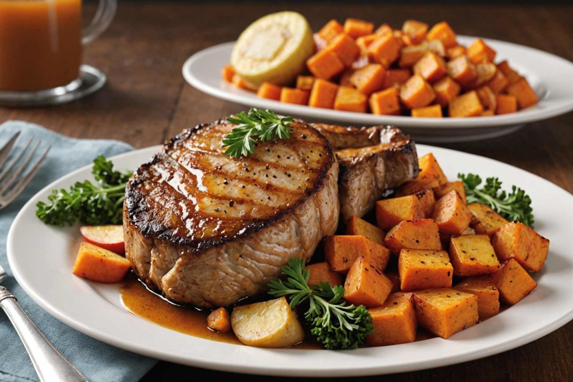 Savory pork chops paired with sweet apples, onions, and tender sweet potatoes.